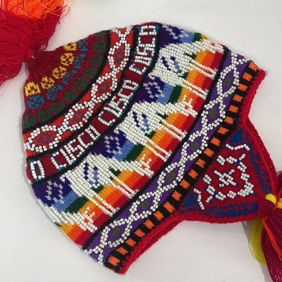 Colorful Andean Peruvian Knit Tassel Winter Hat Beaded Embroidered Boho main image 8